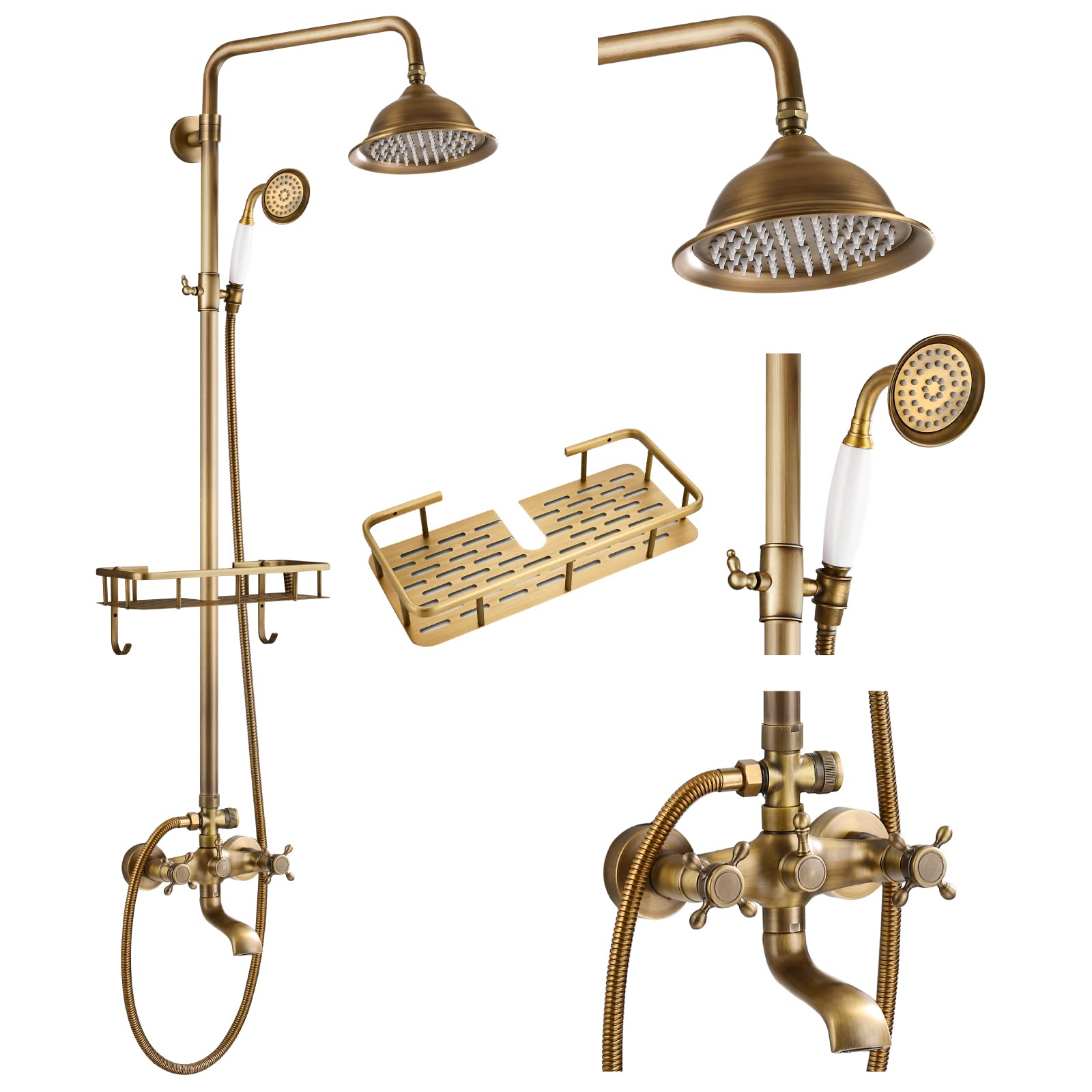 Gotonovo Antique Brass Double Cross Handles Exposed Shower System with 8 Inch Rainfall Shower Head, Handheld Sprayer & Shower Shelf - 3 Function Wall Mounted Shower Faucet with Tub Spout for Bathroom Renovation & Luxury Spa Experience
