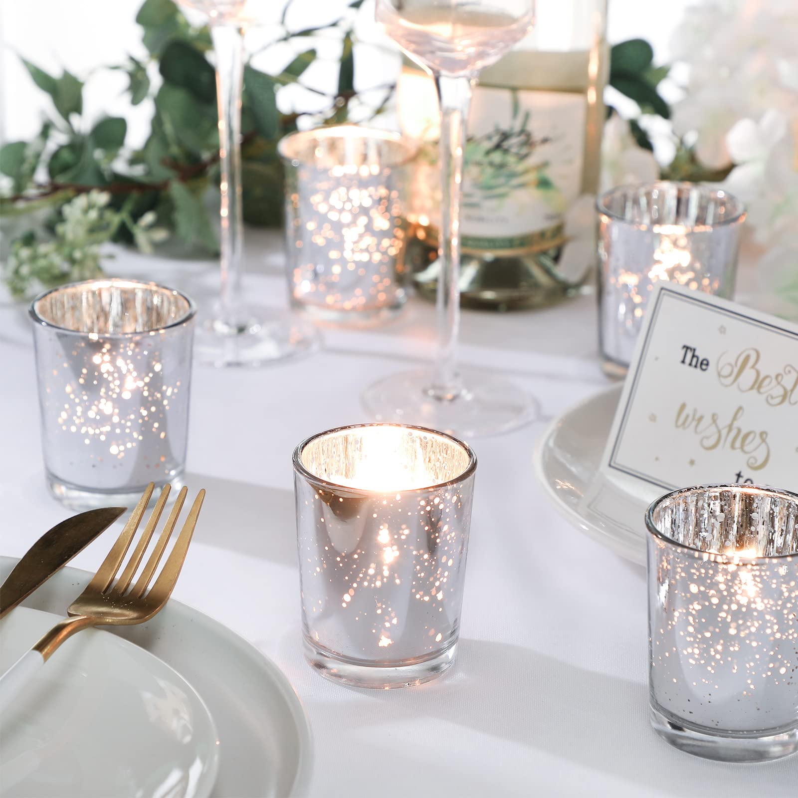 50 Pcs Bulk Glass Votive Candle Holders - Silver Tealight Candle Holders for Valentine's Party, Wedding Centerpiece, Bridal Shower & Home Decor - Perfect for Romantic Dinners, Holiday Tablescapes and Special Events