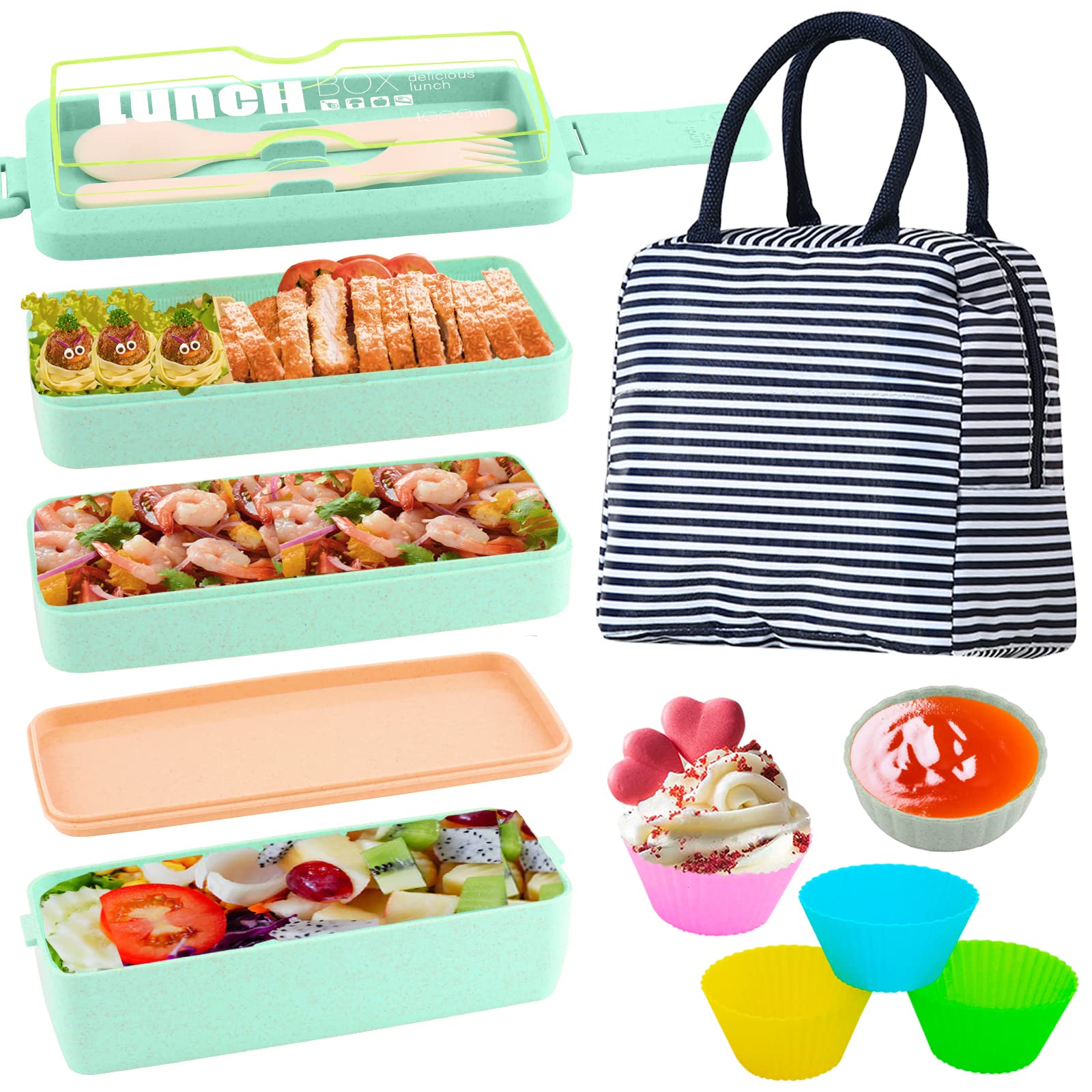 Eco-Friendly 3-Tier Leakproof Japanese Bento Lunch Box for Adults & Kids - 1000ML Microwave Safe Food Container with Carrying Bag (Green) | Perfect for School, Office, Picnics & Meal Prep