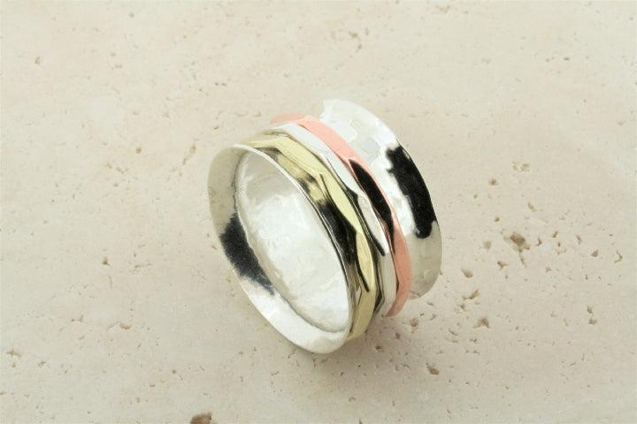 Premium Concave Battered Spinner - Brass, Copper & Silver Metal Fidget Toy for Stress Relief, Anxiety & Focus - Perfect for Office, Home & Travel Use