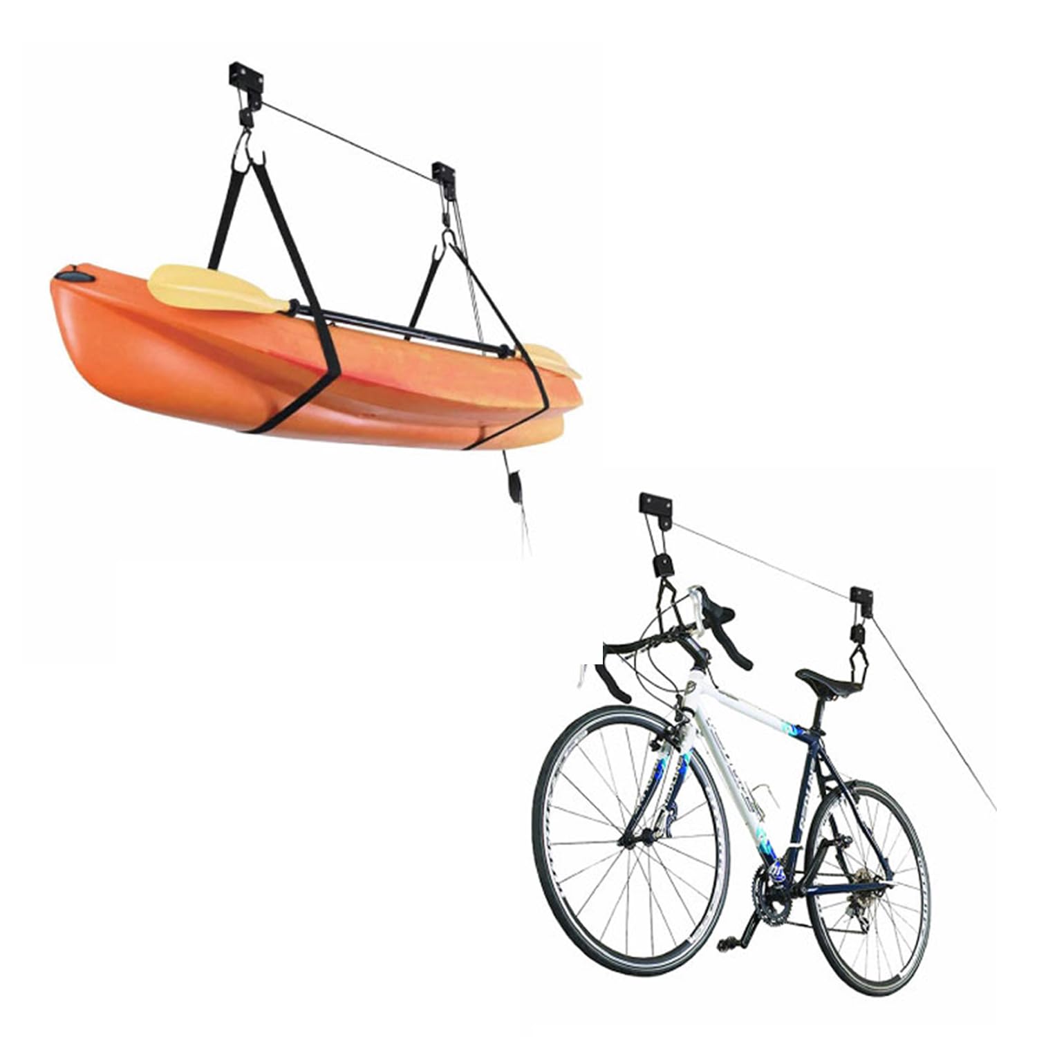 Onefeng Heavy Duty 100 lb Capacity Kayak Lift Hoist - Overhead Garage Storage System for Canoes, Bikes & Ladders | Space-Saving Solution for Kayak Storage, Bike Organization & Ladder Hanging