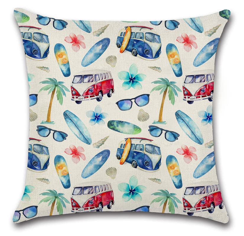 Funny Beach Palm Tree Surfboard Pillow Cover - 18x18 Inch Square Throw Pillow Case for Sofa, Couch & Home Decor - Tropical Coastal Theme Living Room & Bedroom Accent Cushion