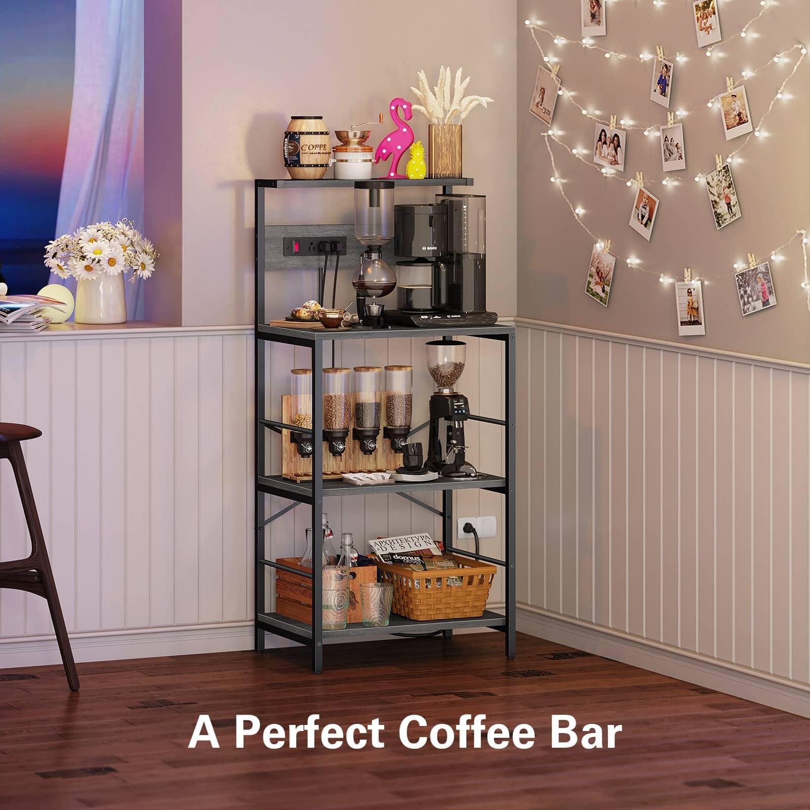 3-Tier Bakers Rack with Electrical Outlets - Freestanding Kitchen Storage Shelf for Microwave, Coffee Maker & Appliances - 23.6
