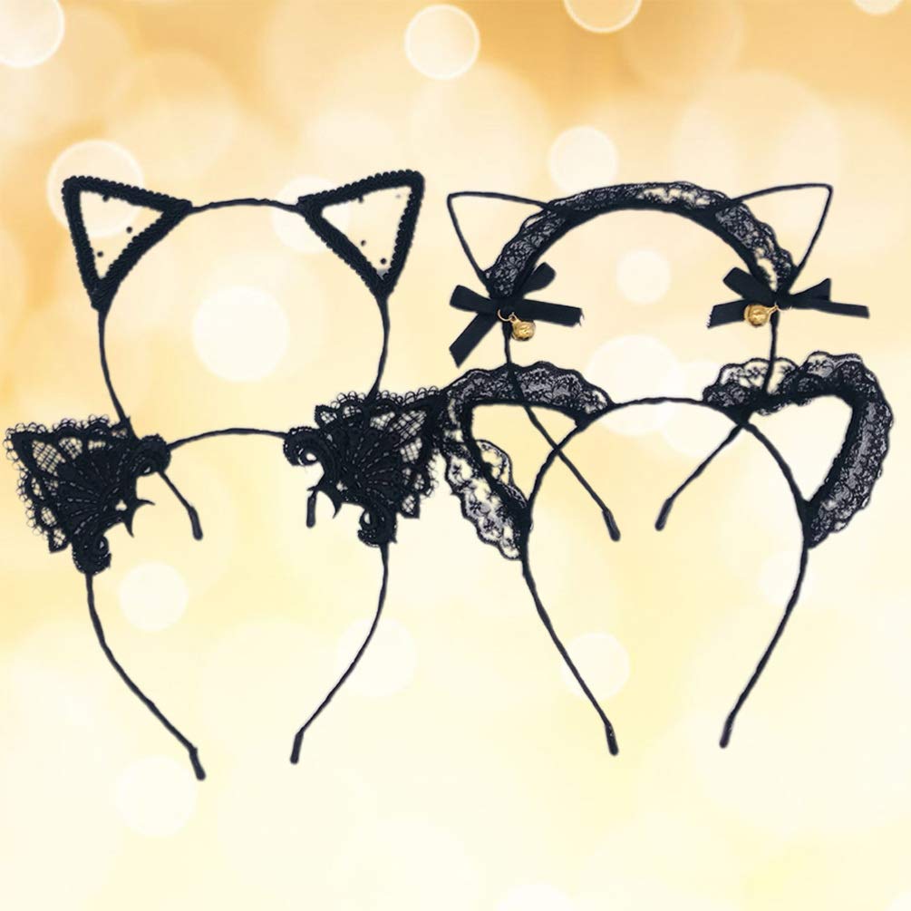 4pcs Lace Cat Ear Headbands for Women & Girls - Cute Halloween Cosplay Costume Accessories, Cat Ear Hair Hoops for Parties, Dress Up & Photo Props