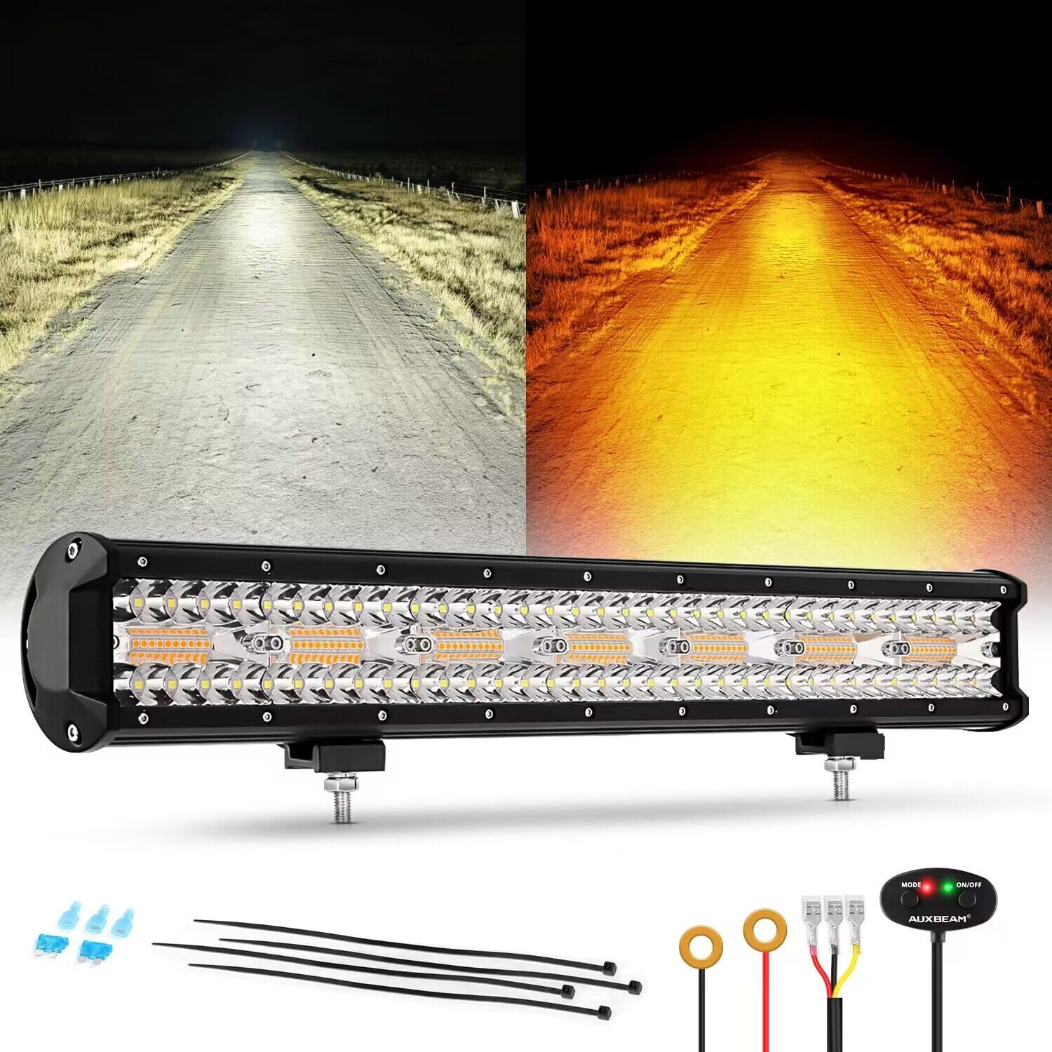 Auxbeam 20-Inch 420W LED Light Bar - 6 Modes (Amber/White Strobe) - Spot Flood Combo Off-Road Light for Trucks, UTV, Jeep - Emergency & Fog Warning Light for Off-Roading, Camping, Hunting & Night Driving