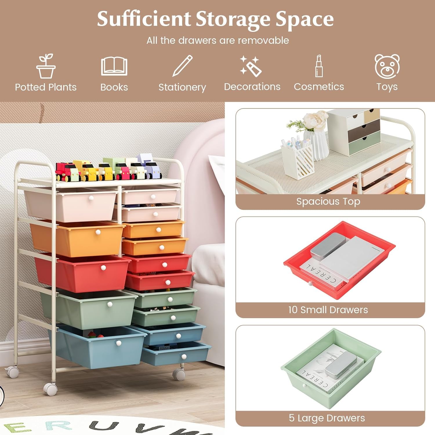 LUARANE 15-Drawer Rolling Cart - Portable Craft & Toy Organizer for Home, Office, School