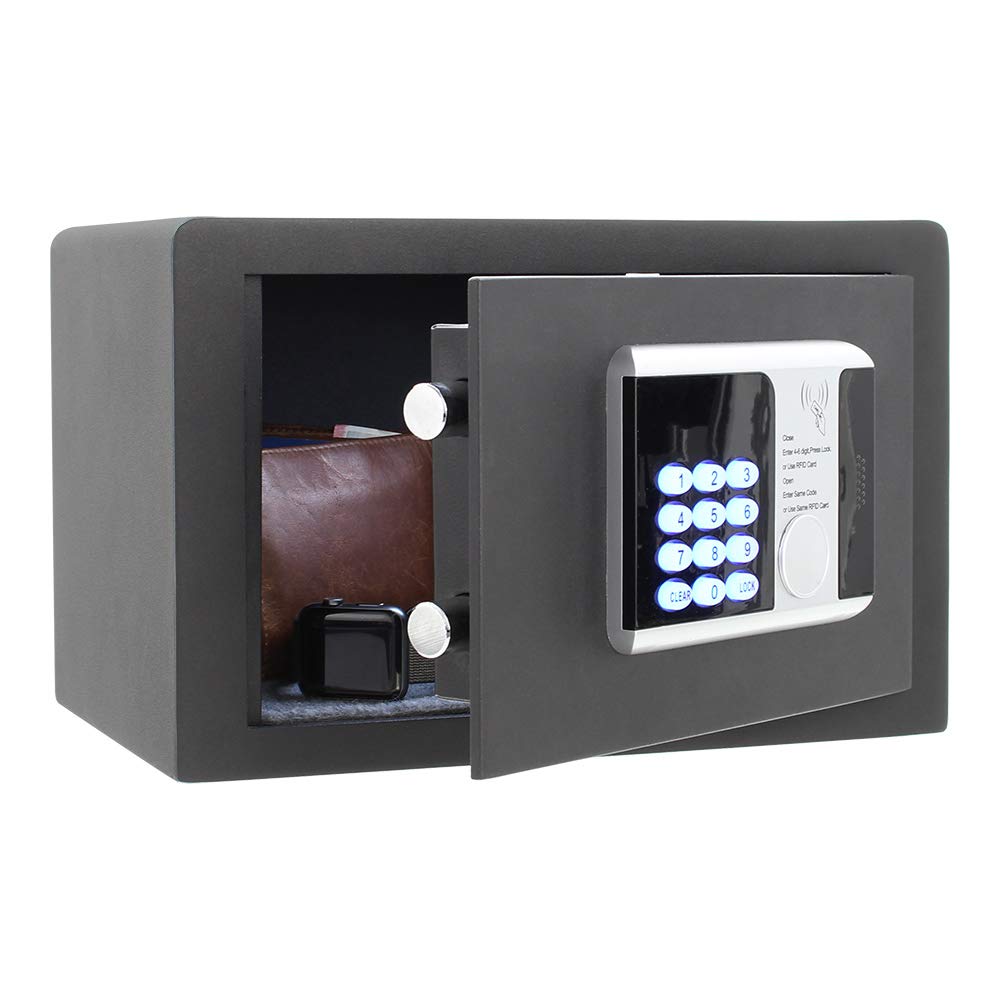 RFID Electronic Safe with RFID Card & Key Entry - Digital & Mechanical Lock Security Box for Home, Office, Hotel - Charcoal Black Anti-Theft Safe for Cash, Jewelry, Documents Protection