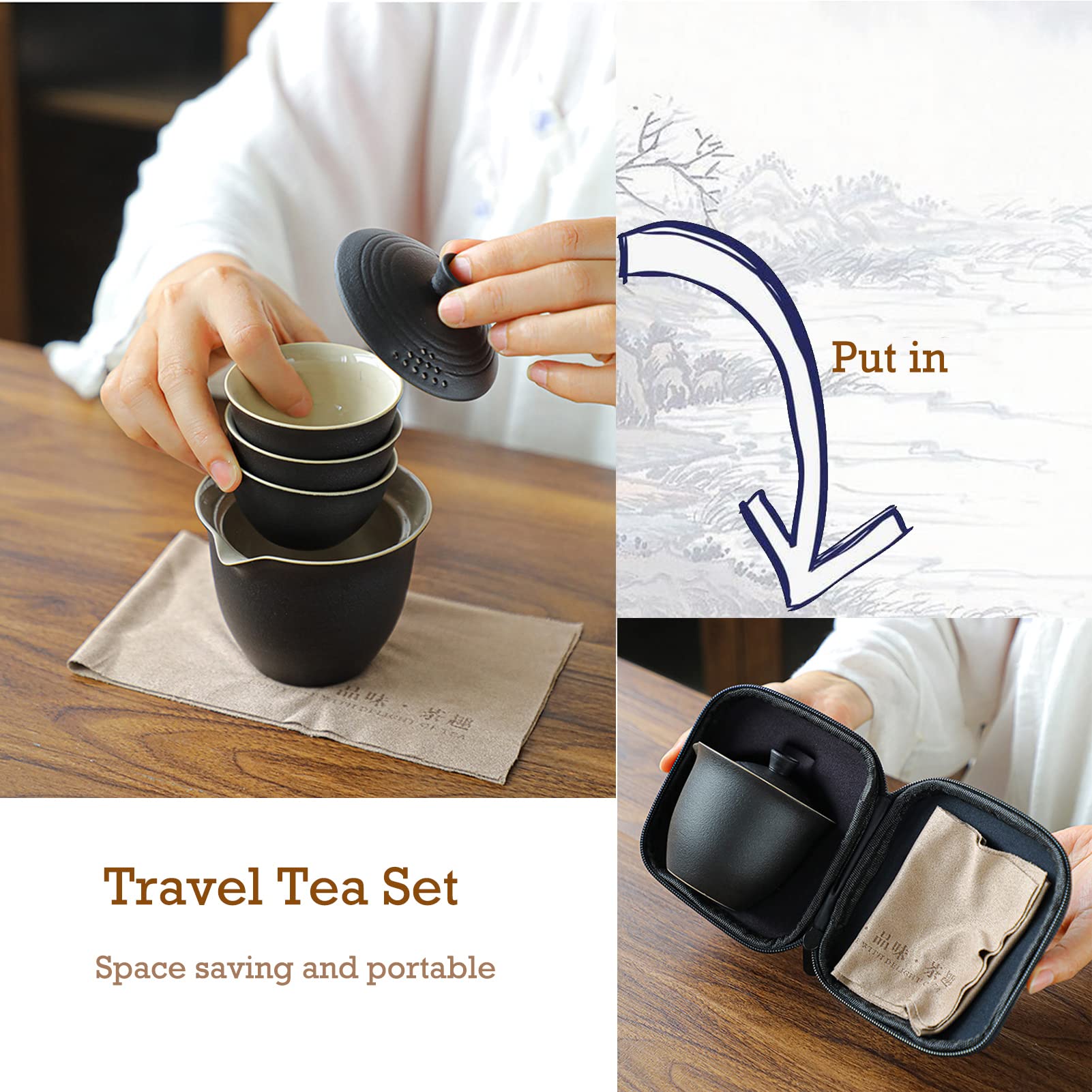 ORHA Portable Ceramic Gongfu Tea Set - Mini Travel Teapot with Infuser & 3 Teacups - Compact Gaiwan Tea Brewing Kit for Camping, Office, Picnic & Home Use (Black)