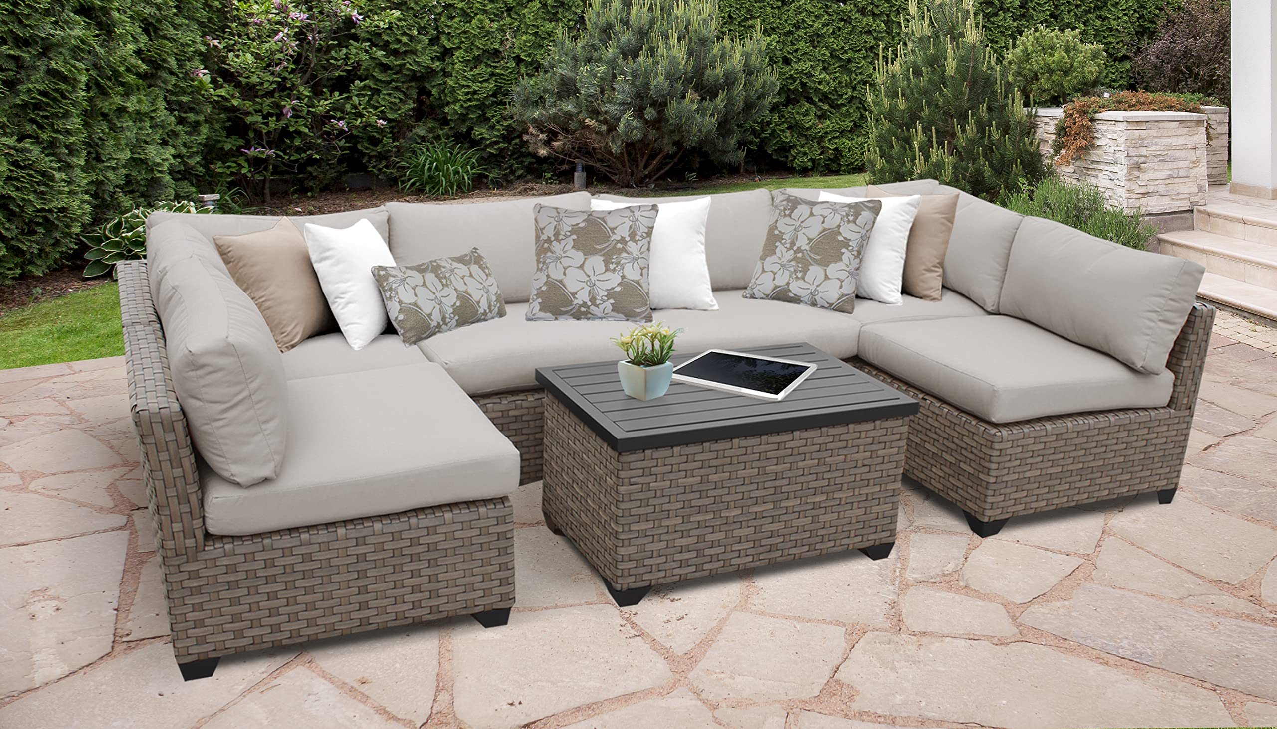TK Classics Monterey 7-Piece Outdoor Wicker Patio Furniture Set - All-Weather Rattan Sofa Sectional with Coffee Table - Beige - Perfect for Backyard, Garden, Poolside & Patio Relaxation