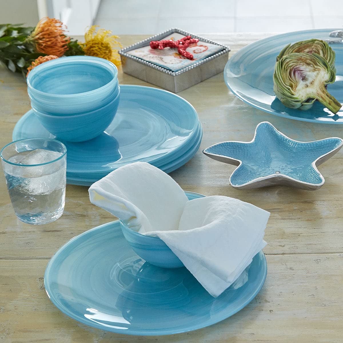 MARIPOSA Alabaster Aqua Dinner Plate Set - Handmade in Turkey - Elegant Glass Tableware for Fine Dining & Special Occasions