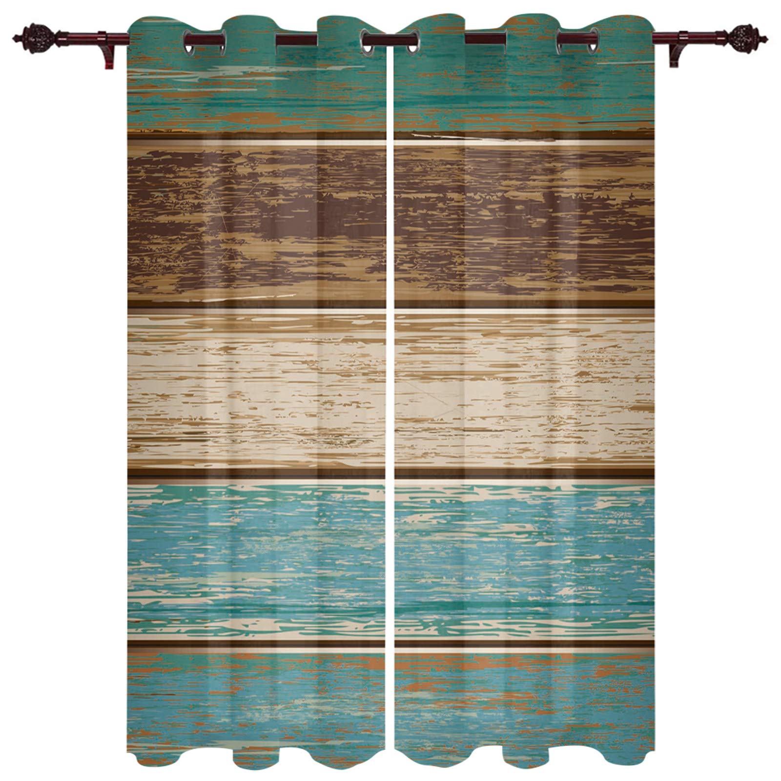 Retro Rustic Barn Wood Teal Green Brown Window Curtain Panels - Set of 2 (104