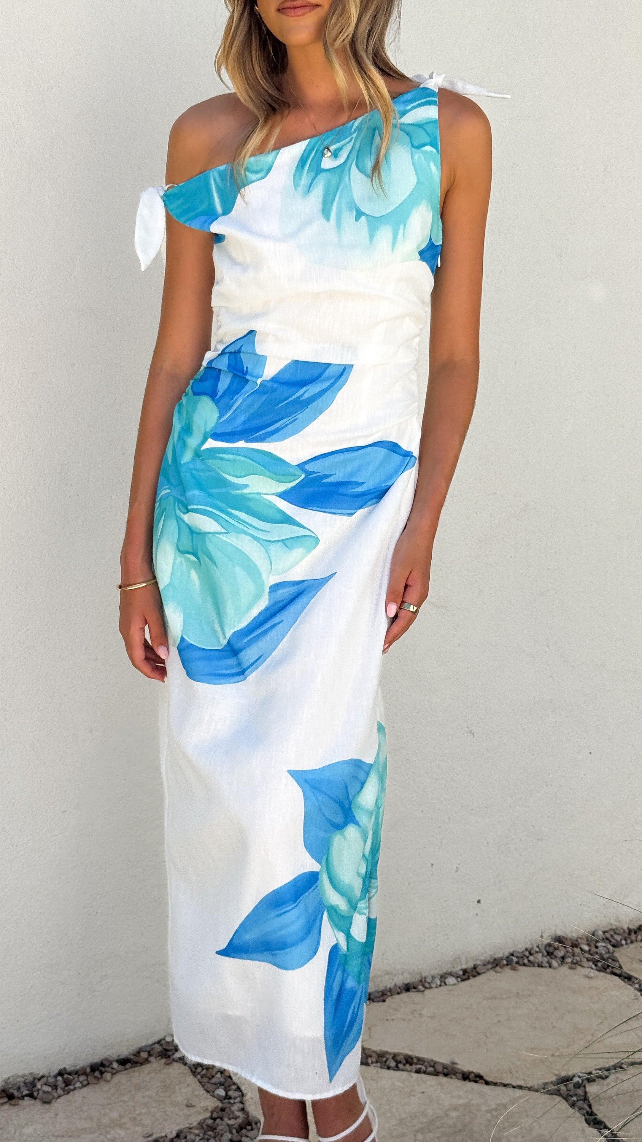 Stylish Maisy Shoulder Tie Midi Dress in Blue Teal - Perfect for Summer Parties, Beach Vacations & Casual Outings