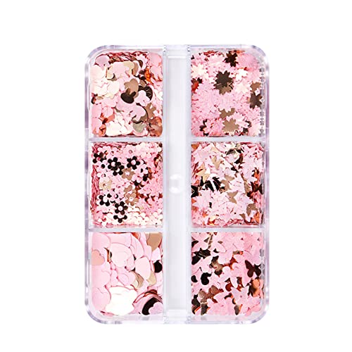Holographic Nail Glitter Flakes - Pink Gold Glitter Sequins for Nail Art Designs | Butterfly & Heart Shape Confetti | DIY Manicure Supplies | Perfect for Nail Salon, Home Nail Art, Party Decorations (One Size, Pink)