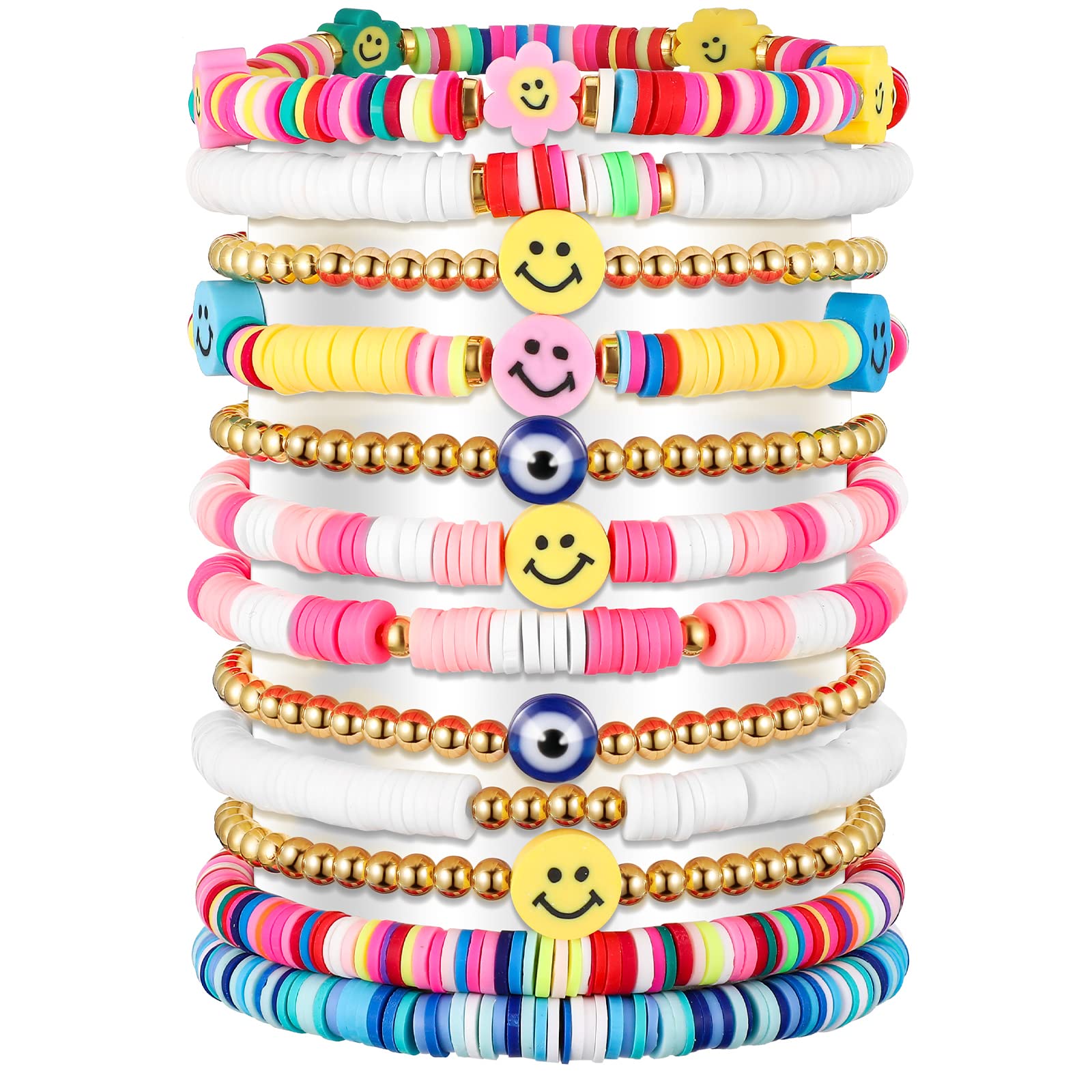 12-Piece Preppy Surfer Heishi Beaded Stretch Bracelets Set - Stackable Colorful Bohemian Elastic Bracelets for Women & Girls - Perfect for Summer, Beach, Parties & Everyday Boho Jewelry Accessories