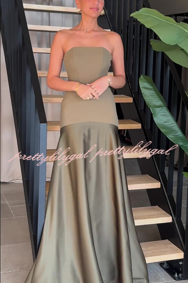 Timeless Elegance Satin Patchwork Strapless Flare Gown Maxi Dress for Women | Formal Evening Gown for Prom, Wedding, Red Carpet Events