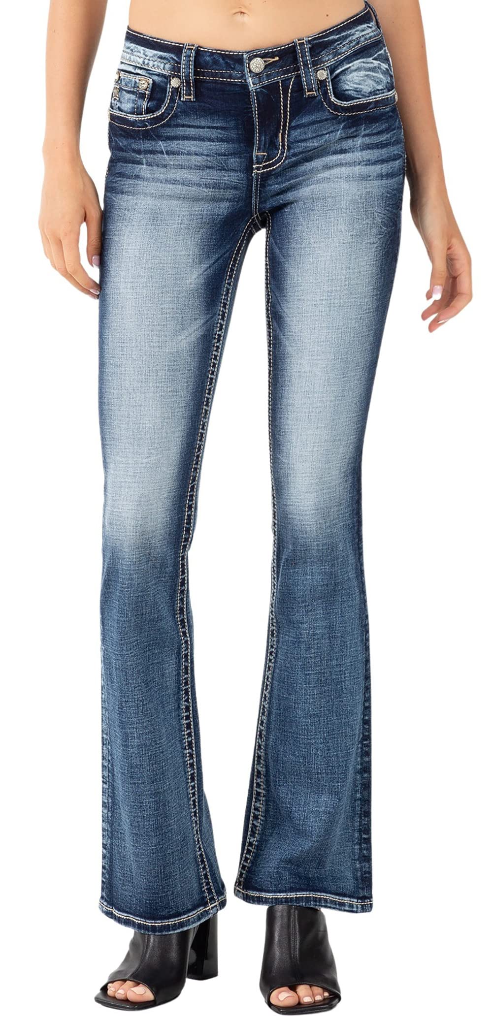 Miss Me Women's Mid Rise Feather & Broken Horseshoe Boot Cut Jeans - Stylish Denim Pants for Casual Wear, Night Out & Western Fashion