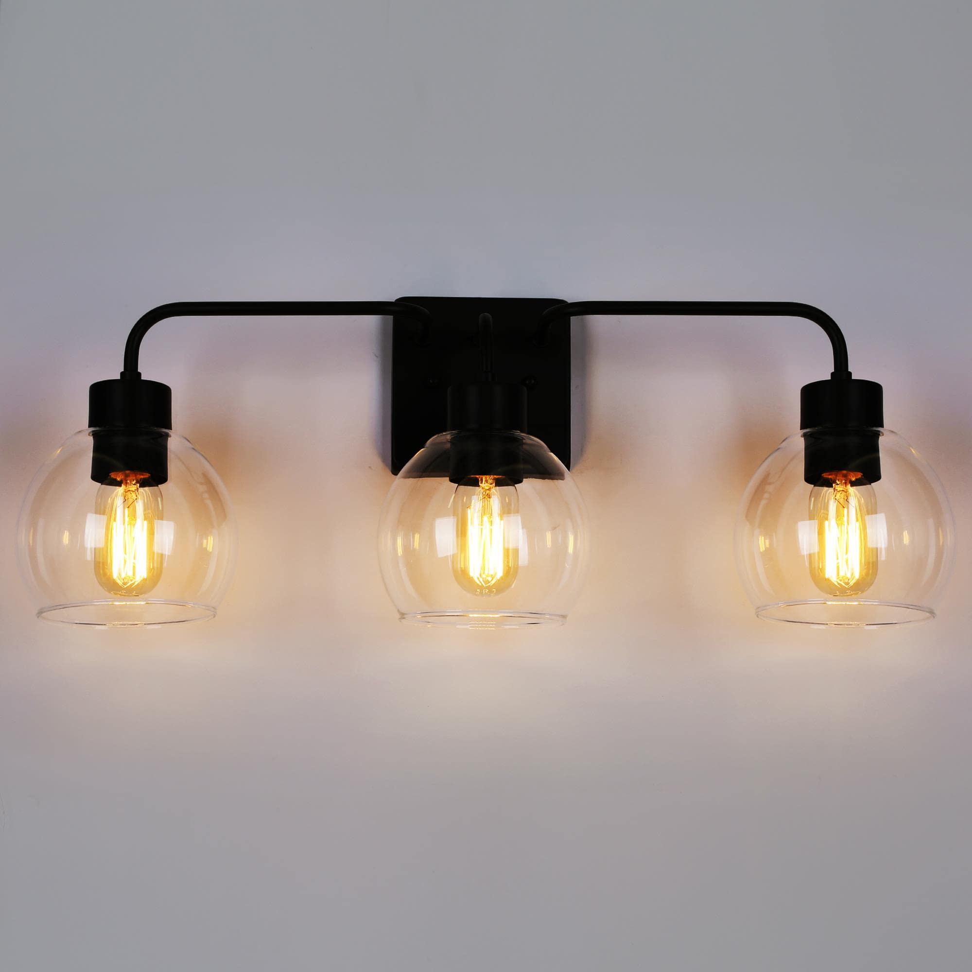 ZEVNI Black Vanity Light - 3-Light Mid Century Modern Bathroom Fixture with Clear Globe Glass Shade (24.5