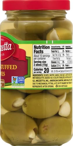 Mezzetta Garlic Stuffed Green Olives - 6 oz Jar | Premium Italian Appetizer for Charcuterie Boards, Martini Garnish & Mediterranean Cooking