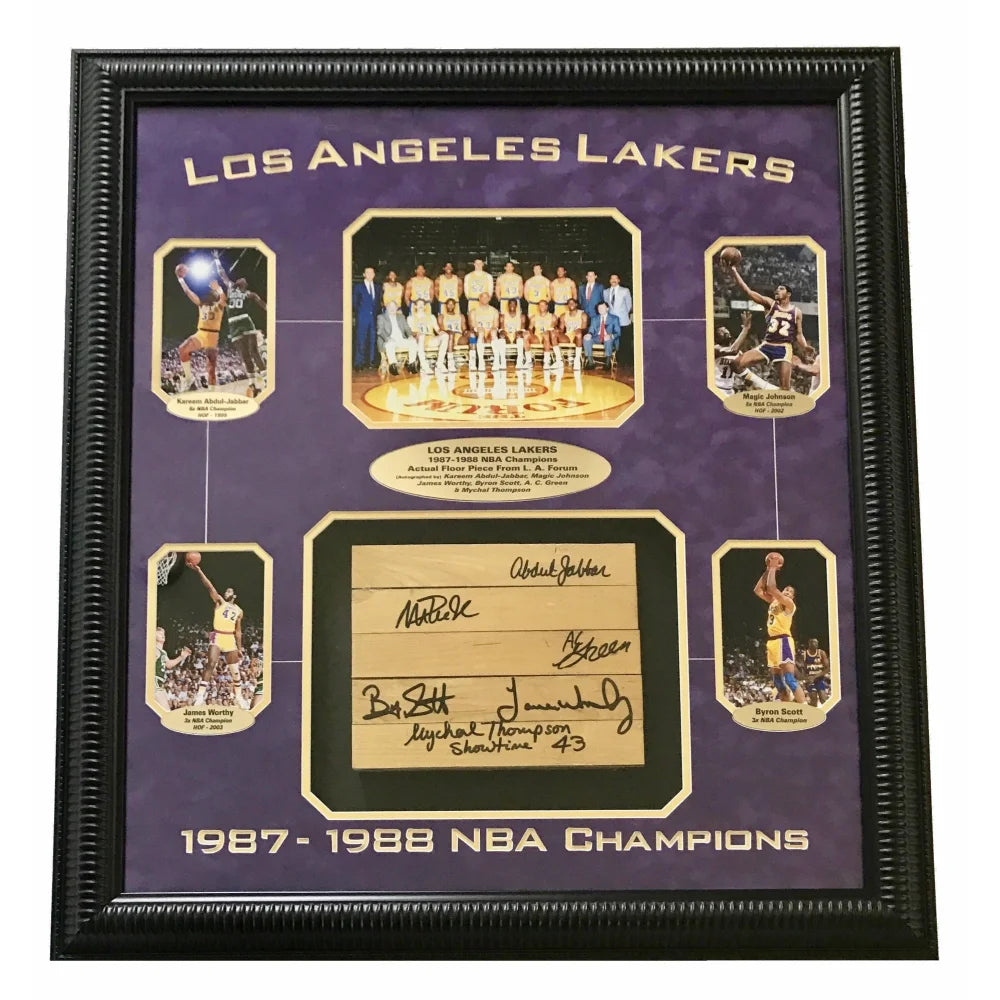 Authentic Lakers Game-Used Forum Floor Signed by Magic Johnson, Kareem Abdul-Jabbar & James Worthy - PSA/DNA Certified COA Framed Memorabilia | Perfect for NBA Collectors, Lakers Fans & Sports Memorabilia Displays