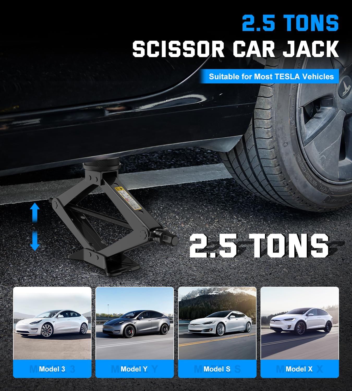2.5 Ton Tesla Car Jack Kit - Heavy Duty Scissor Jack for Tesla Model Y, Model 3, Model S & Model X | Includes 2 Tesla-Specific Jack Pads | Perfect for Tire Changes, Emergency Roadside Repairs & Vehicle Maintenance