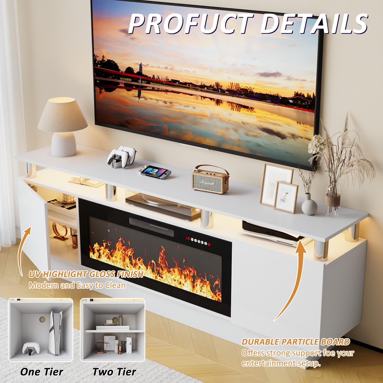 LEMBERI 70 Inch Modern TV Stand with Electric Fireplace - Entertainment Center for 80 Inch TVs, Wooden Media Console with 36