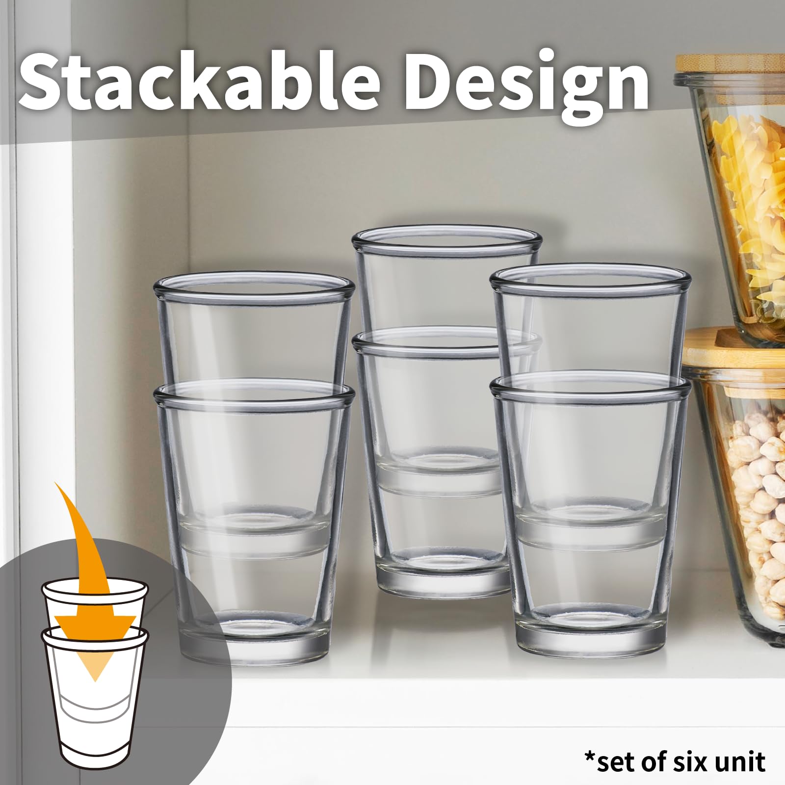 SOUL ONE 5 oz Small Juice Glasses - Set of 6 Stackable Heavy Base Drinking Glasses for Kids & Adults - Perfect for Orange Juice, Water, Milk, Coffee - Ideal for Breakfast, Brunch, Parties & Everyday Use