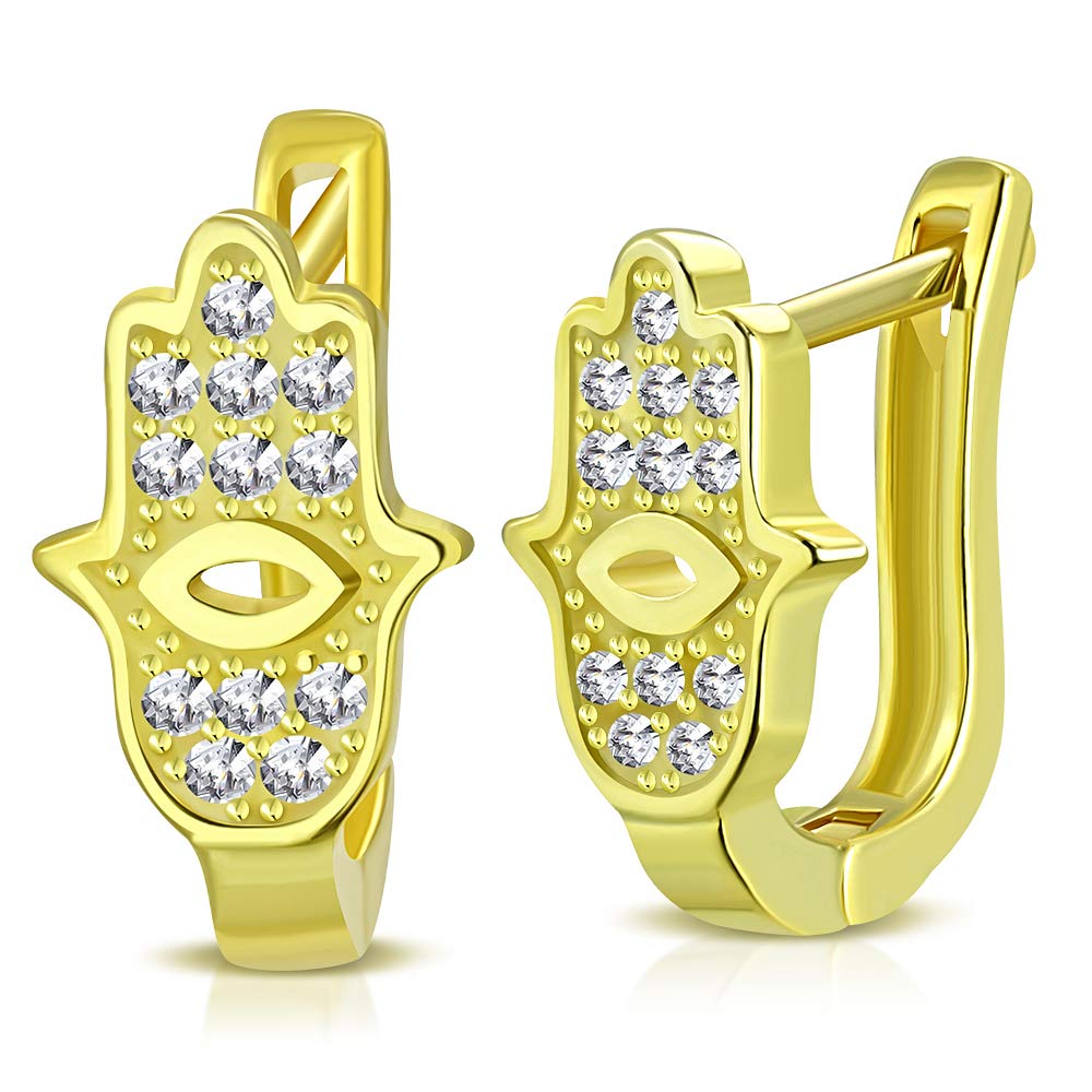 925 Sterling Silver White Clear CZ Hamsa Good Luck Hoop Huggie Earrings for Women, 0.55