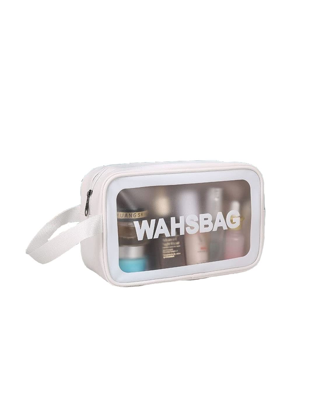 Amso Waterproof PVC Cosmetic Bag - Travel Makeup Organizer for Brushes & Toiletry Essentials, Portable Zippered Makeup Pouch for Women (White, Medium) | Perfect for Home, Gym, Vacation & Daily Use