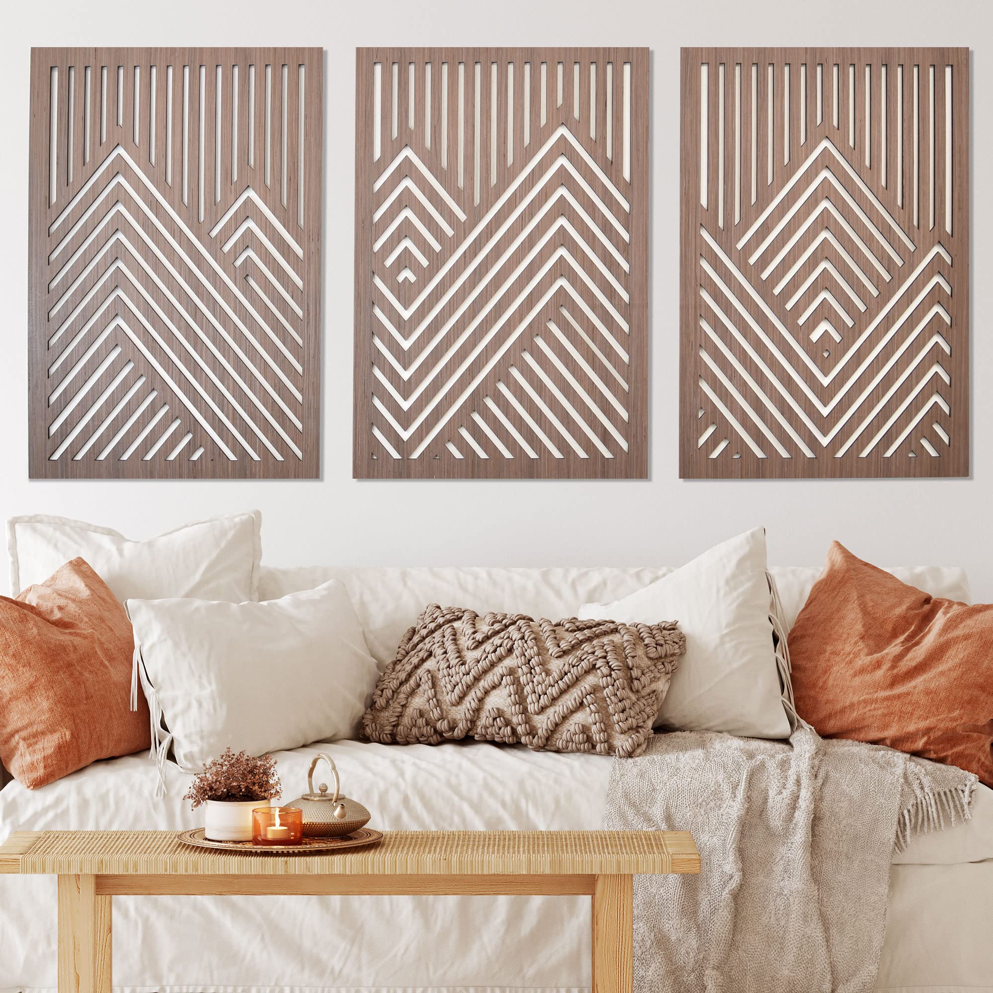 Set of 3 Geometric Wood Wall Art Panels - Mountain Landscape Decor for Living Room, Bedroom & Office