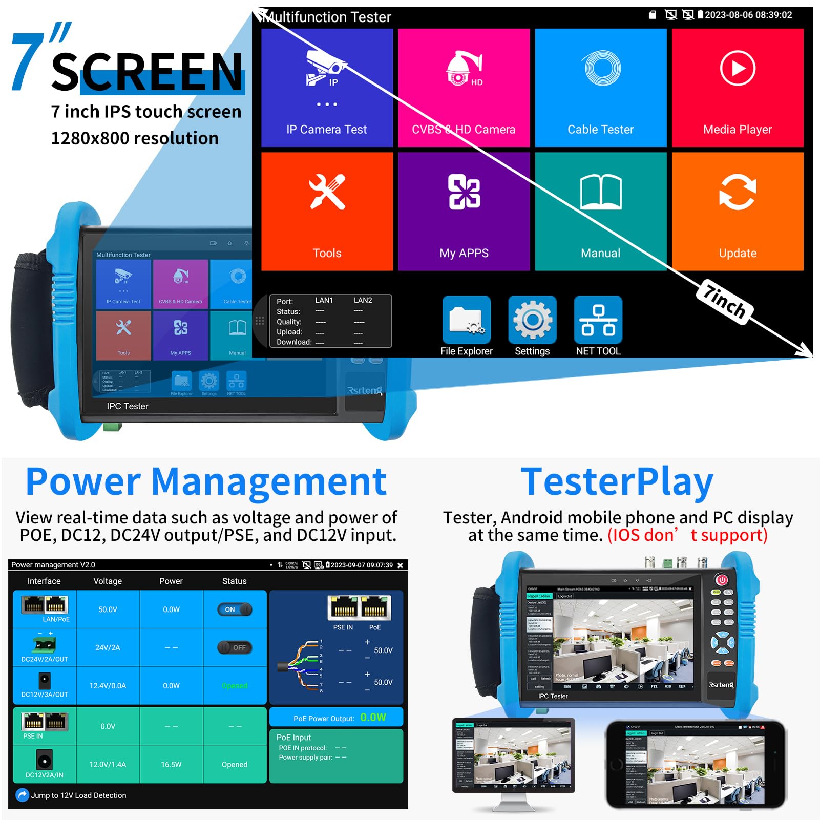 8K 32MP IP CCTV Camera Tester - 7inch IPS Touch Screen with TDR, POE, WiFi & HDMI Support for 8MP CVI/TVI/AHD/SDI/CVBS Cameras | IPC-9800ADHS Pro | Ideal for Security System Installation & Maintenance