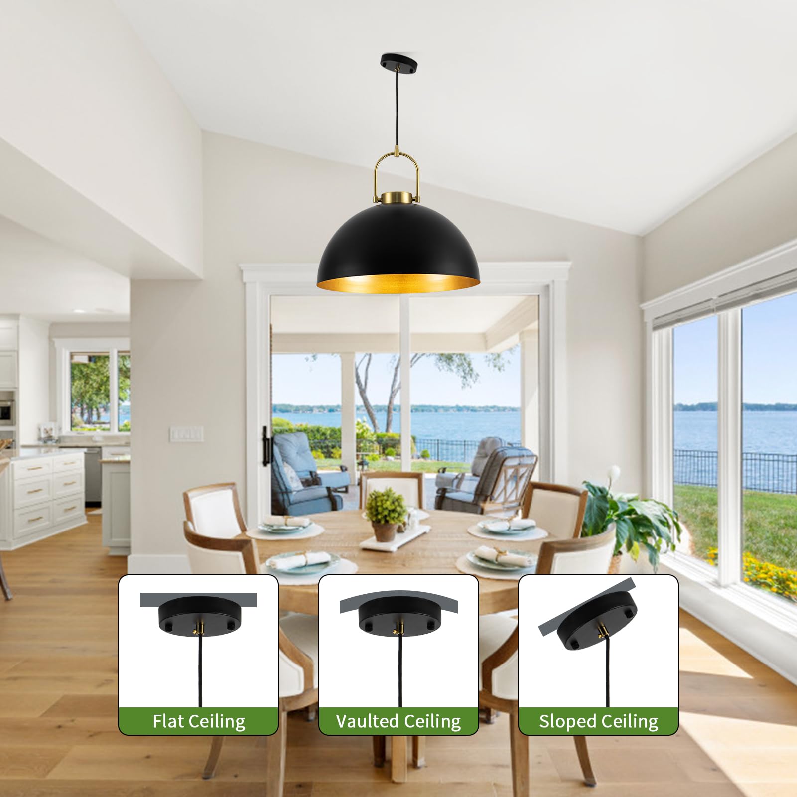 Black Industrial Pendant Light Fixtures - Large Dome Chandelier, Modern Space-Saving Hanging Lamp (19.69 Inch) for Kitchen Island, Dining Room, Living Room & Hallway | Perfect for Farmhouse, Loft & Contemporary Home Decor