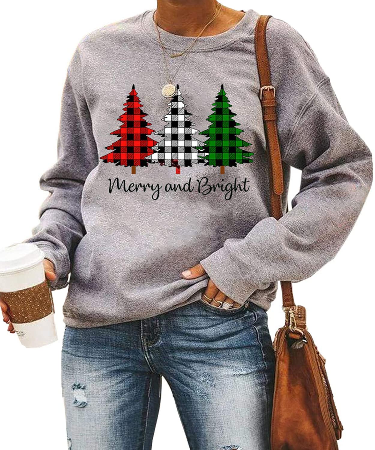 Funny Leopard Print Christmas Tree Plaid Long Sleeve Sweatshirt for Women - Festive Holiday Graphic Tee for Xmas Parties & Winter Outfits