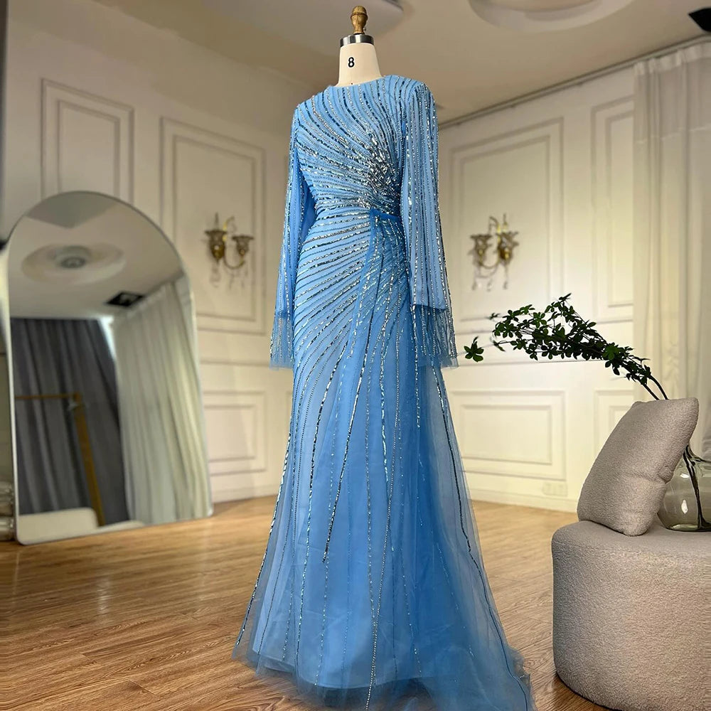 Luxury Dubai Arabic Elegant Blue Beaded Saudi Evening Gown for Women - Formal Occasion Abaya Dress LA72822 | Perfect for Weddings, Galas & Special Events