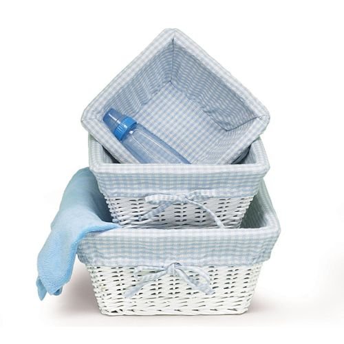 3-Pack White Willow Baby Boy Nursery Storage Baskets with Blue Cotton Gingham Fabric - Perfect for Organizing Toys, Blankets & Baby Essentials in Nursery, Playroom or Bedroom