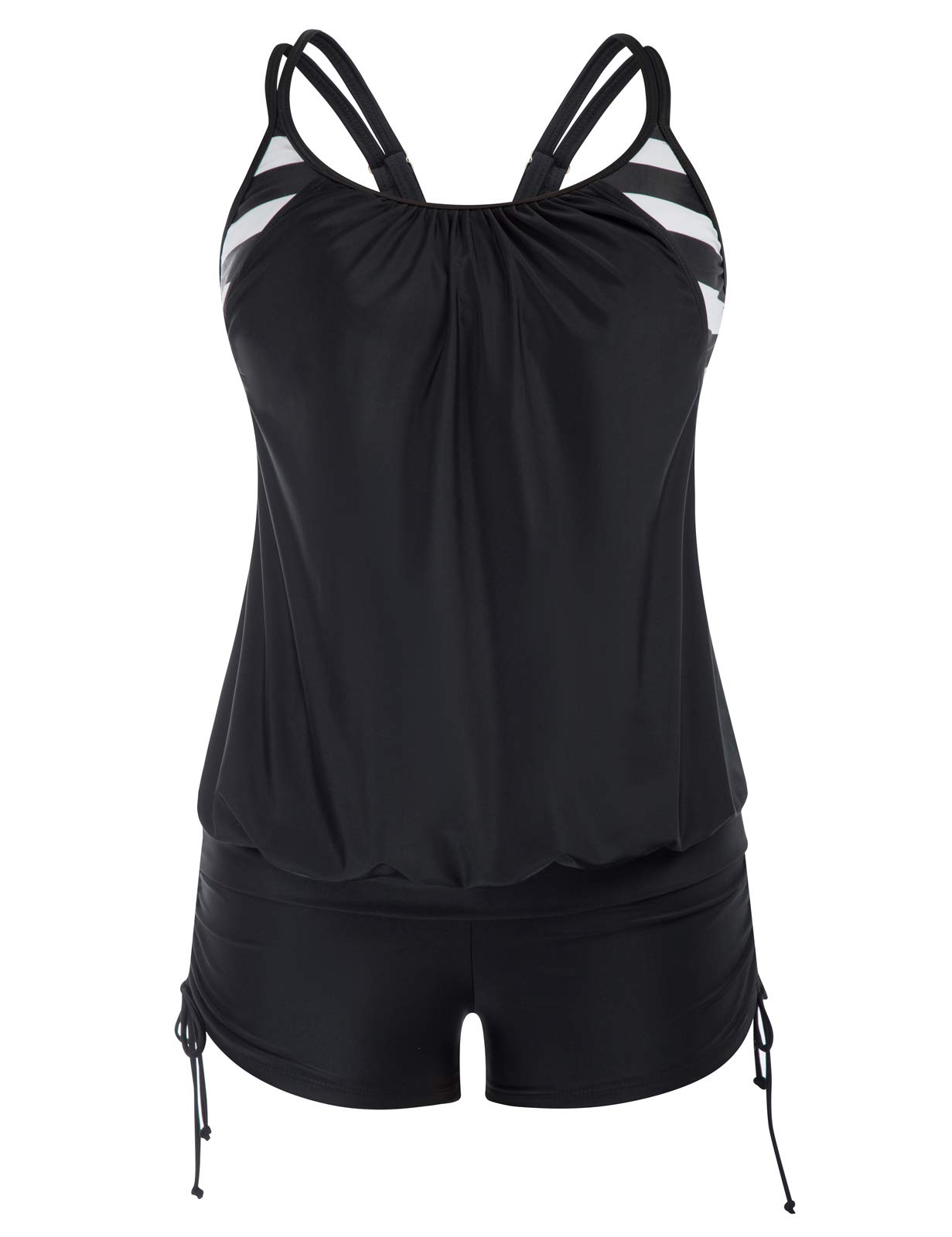 Hanna Nikole Women's Plus Size Striped Printed Tankini Top with Shorts - 2 Piece Swimsuit for Women | Beach Vacation, Pool Party & Summer Outfits
