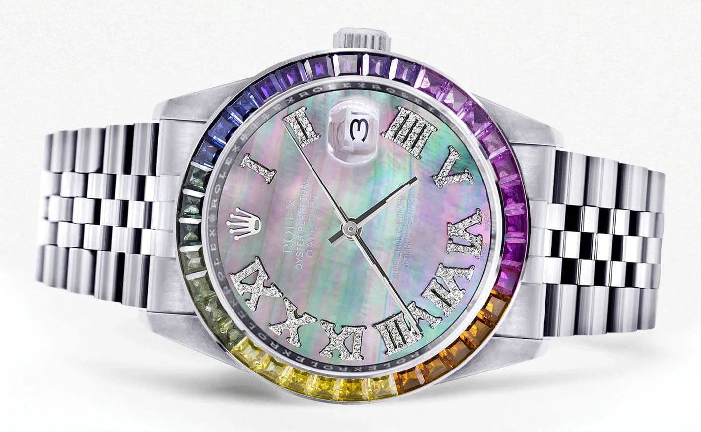 Luxury Diamond Gold Rolex Watch For Men 16200 - 36mm Rainbow Sapphire Bezel, Dark Mother of Pearl Roman Dial, Jubilee Band - Perfect for Gifts, Weddings & Special Occasions