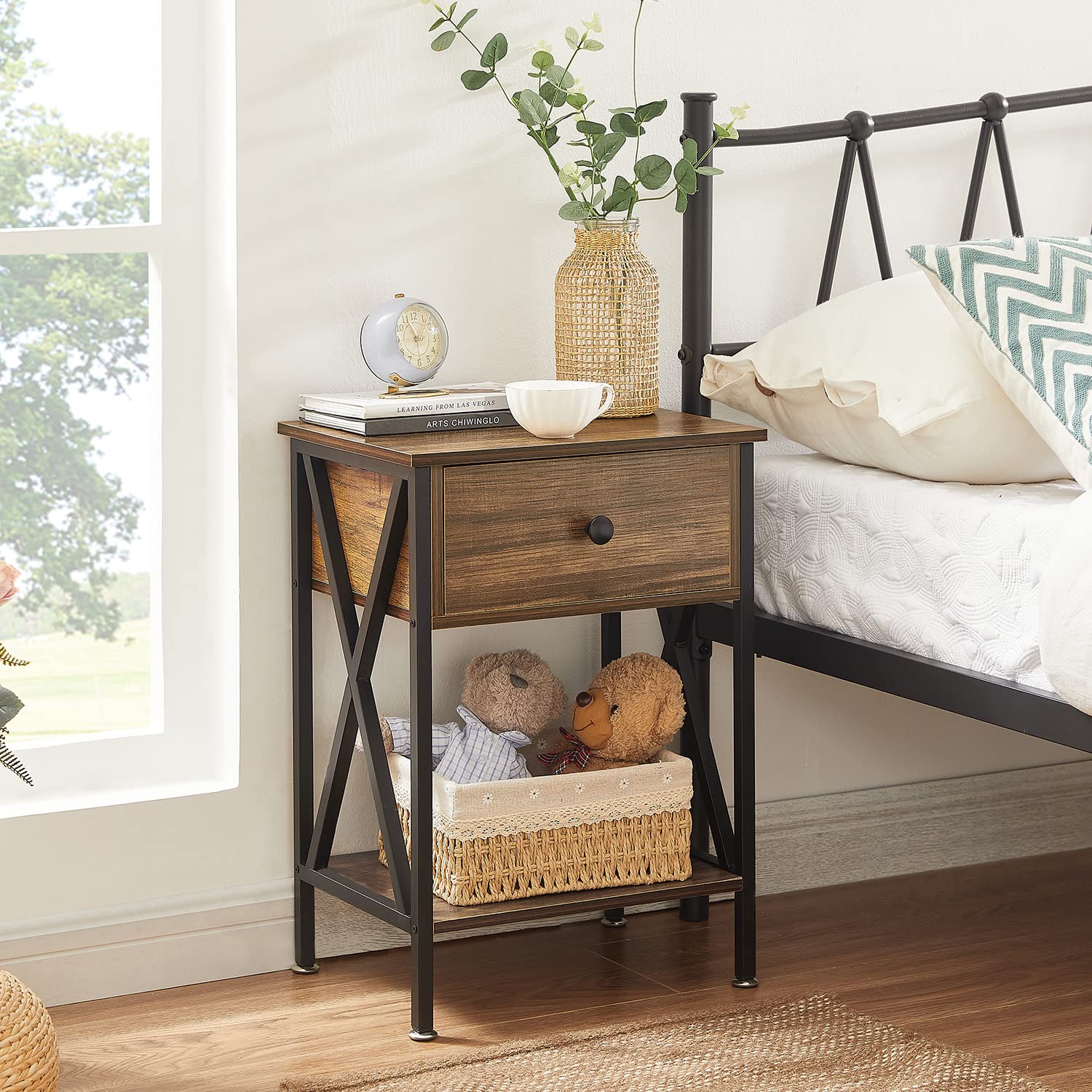 VECELO Modern Nightstands Set of 2 - Industrial Metal Frame Bedside Tables with Drawer & Storage Shelf for Bedroom & Living Room - Perfect for Small Spaces, Apartment Furniture & Home Decor