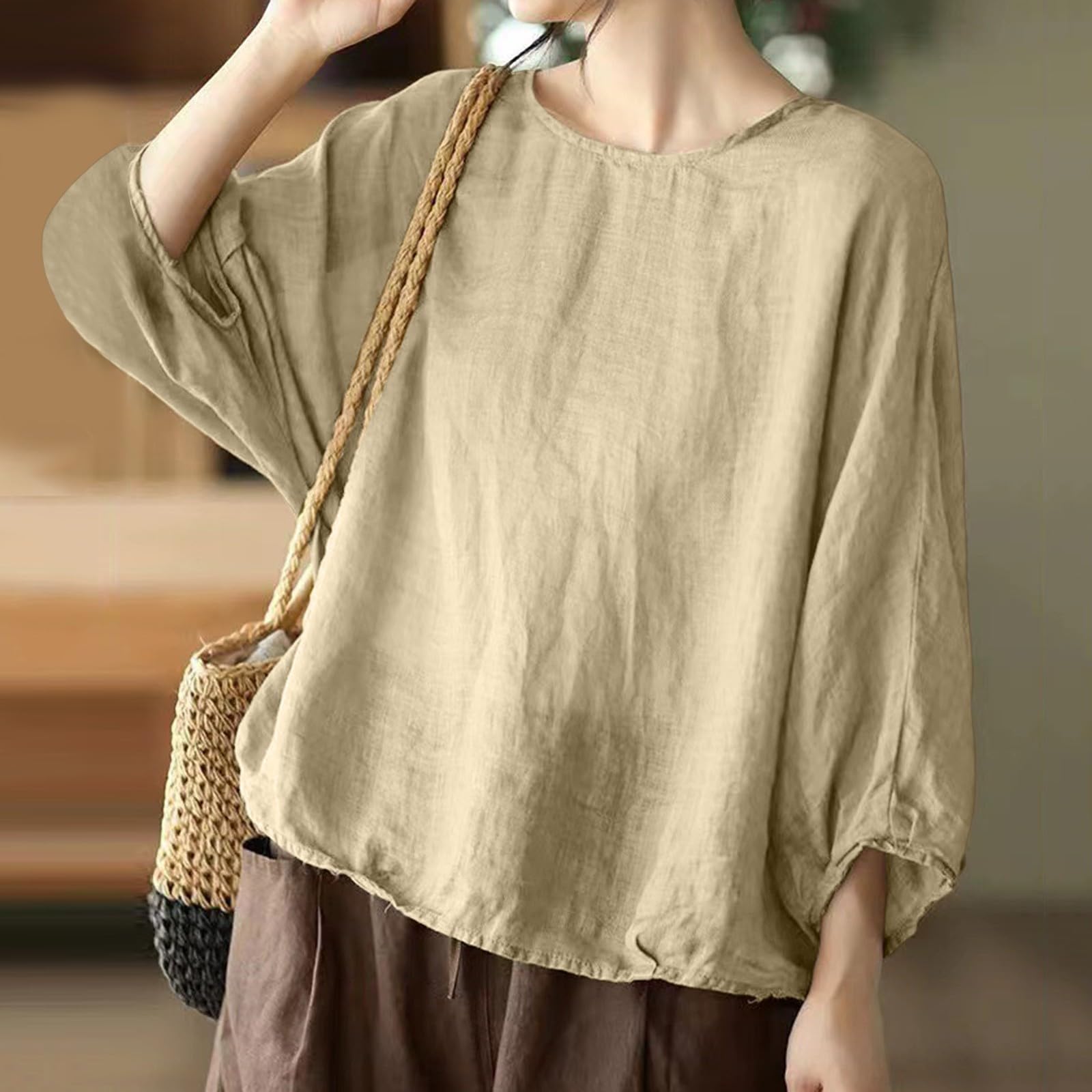 Women's 3/4 Sleeve Floral Print Linen Tunic Top - Casual Crew Neck Loose Blouse for Spring & Summer Outfits, Beach Cover-Up, and Boho Style Fashion