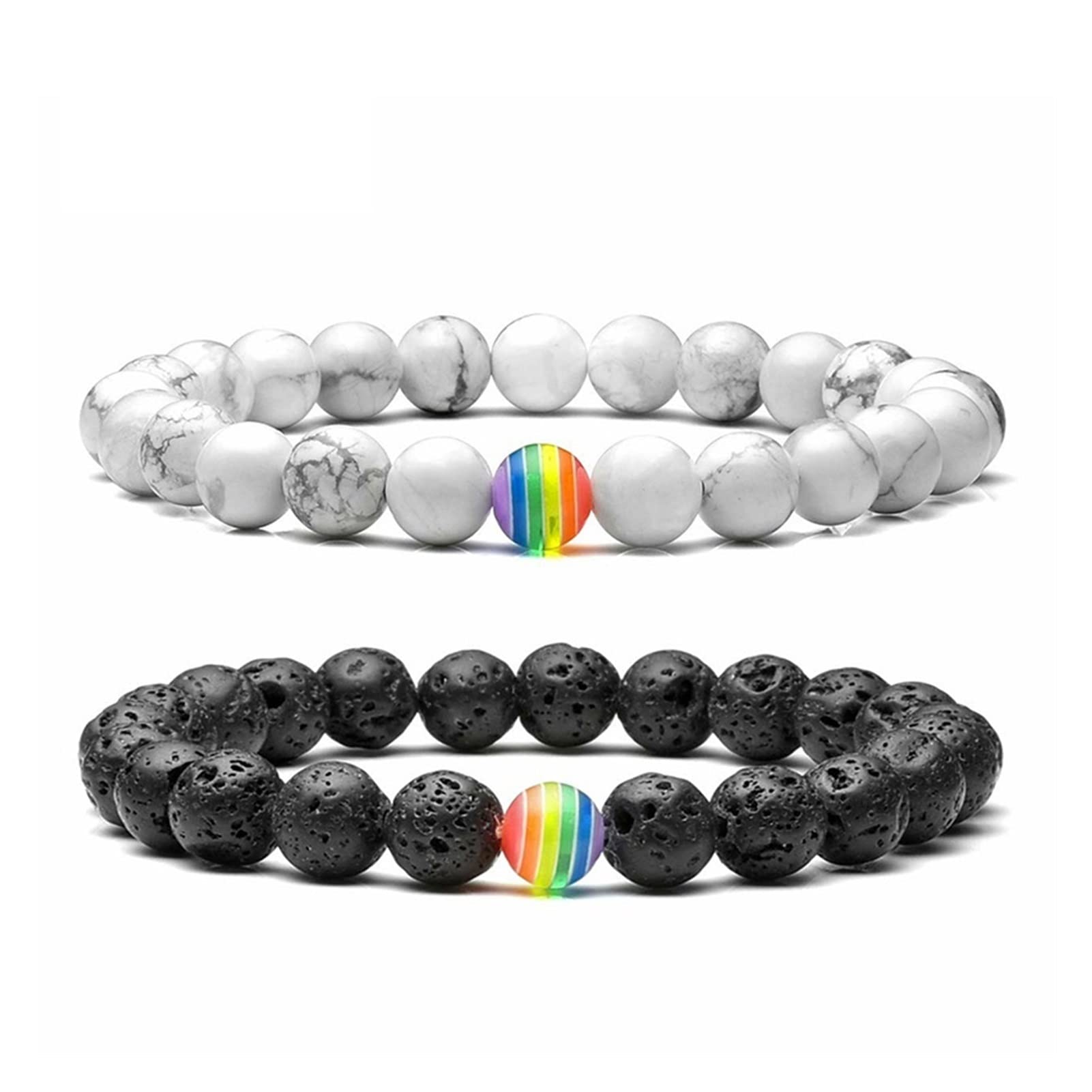 CHENCHEN Rainbow Pride Bracelet - 8mm White Howlite & Black Lava Rock Natural Stone Beads - LGBT Relationship Bracelet with Essential Oil Diffuser (Silver/Gold) - Perfect for Pride Events, Couple Gifts & Aromatherapy