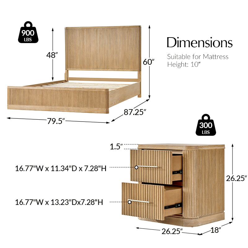 Modern Fluted Solid Wood Bedroom Set with Oak Texture - 3 Piece Queen Size Bed, Nightstand & Dresser | Elegant Bedroom Furniture for Master Suite, Guest Room & Apartment