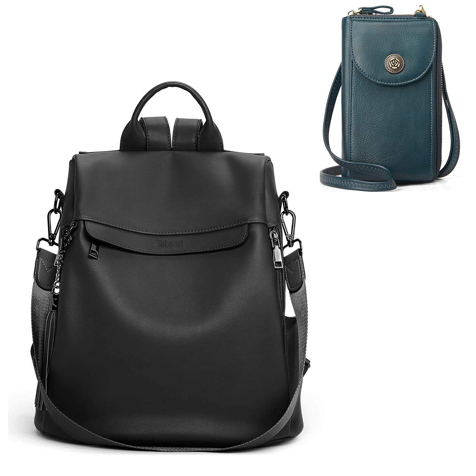 Telena Anti-Theft Travel Backpack Purse for Women - Large Shoulder Bag & Small Crossbody Bag Set (Black & Green) | Perfect for Travel, Commuting & Everyday Use