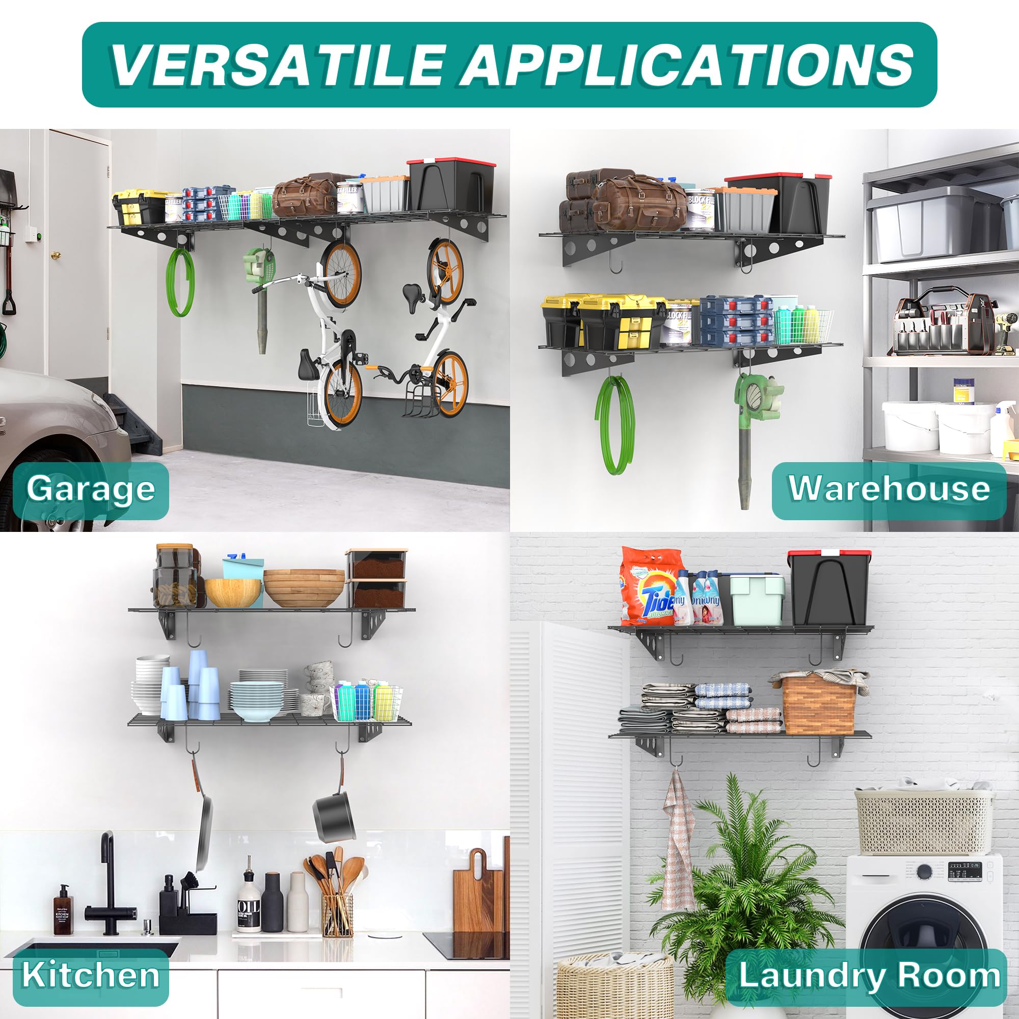 Heavy Duty Wall Mounted Garage Shelves 2x4 FT - Black Metal Storage Shelving with Hooks - 220 LB Capacity - Perfect for Garage Organization, Workshop Storage & Home Utility Shelves