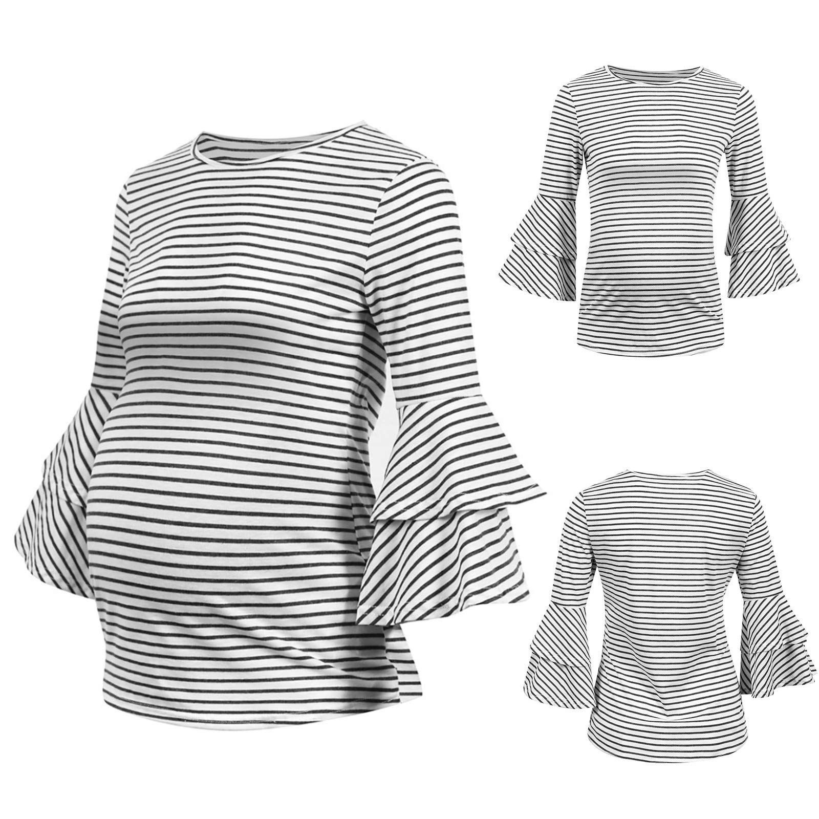 Women's Maternity Tops - Casual Striped 3/4 Lantern Sleeve Shirt with Round Neck | Soft & Loose Pregnancy Clothes for Comfort | Perfect for Work, Shopping & Everyday Wear