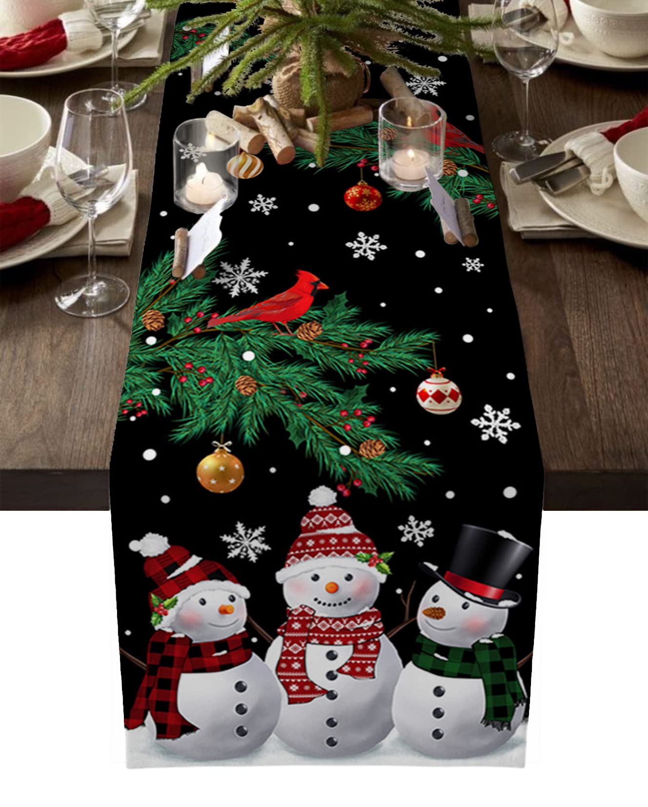 90-Inch Cotton Linen Table Runner - Snowman Christmas Decorative Tablecloth for Dining, Kitchen, Bedroom Dresser | Holiday Home Decor & Seasonal Tablescapes