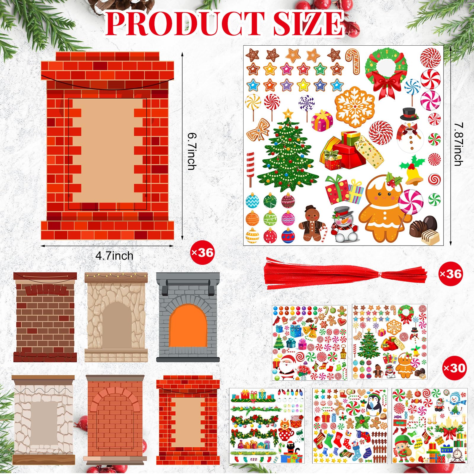 WILLBOND 36-Pack Christmas DIY Photo Frames Kit for Kids - Xmas Tree Ornaments with Stickers for Holiday Party Decor (Fireplace)