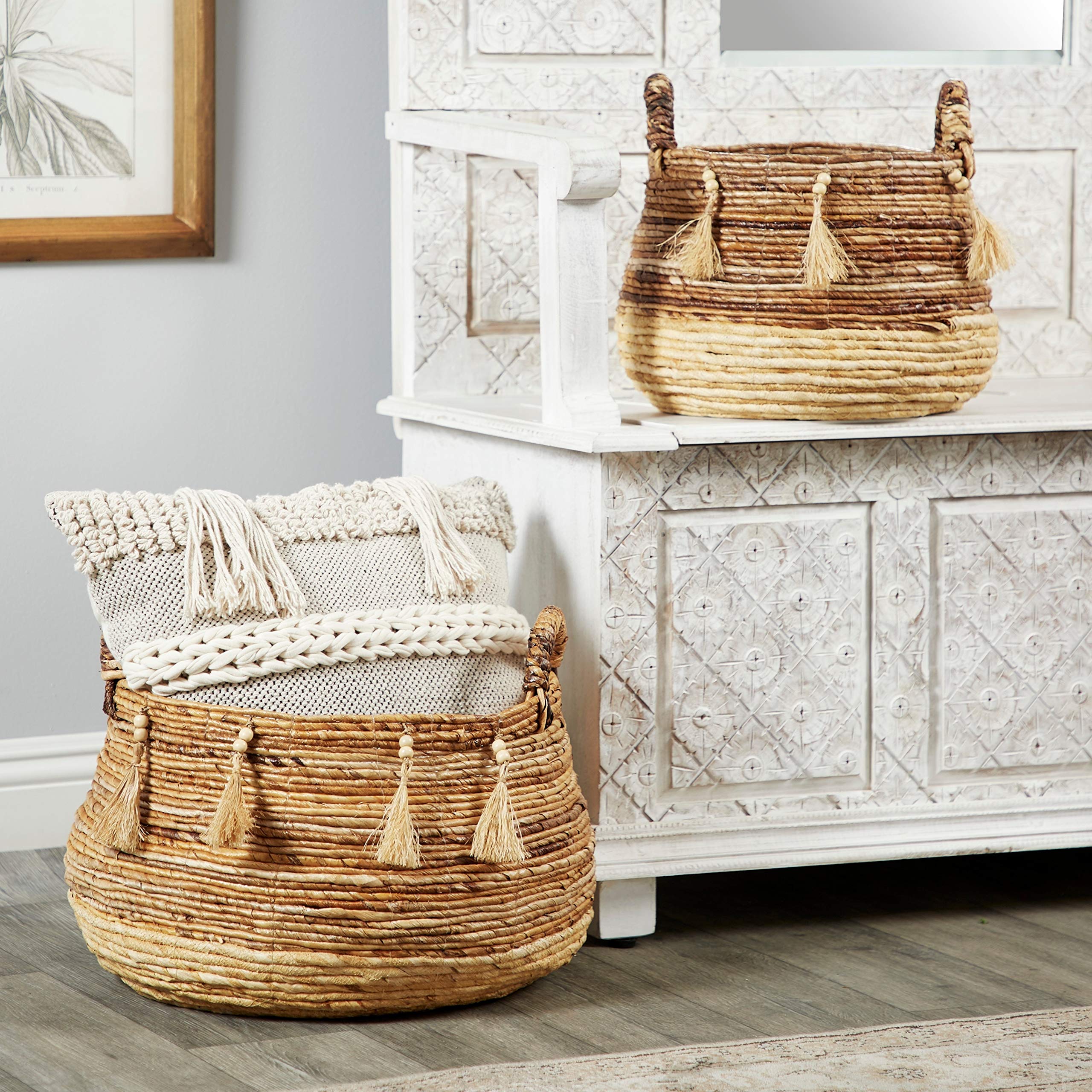 Natural Round Brown Beige Banana Leaf Baskets with Beads & Tassels - Set of 2 Handwoven Fiber Storage Baskets for Home Decor, Bathroom Organization, or Gift Giving