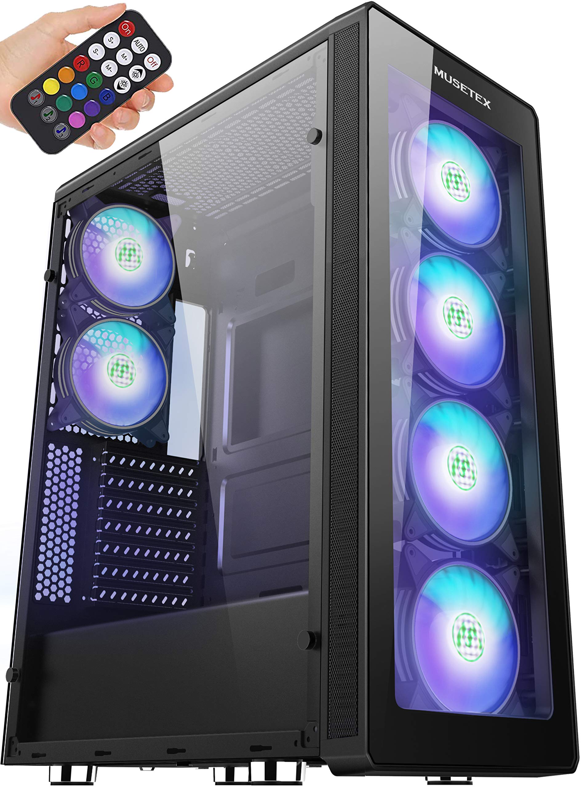 MUSETEX ATX Mid-Tower PC Gaming Case with 6 ARGB Fans & Tempered Glass - 2 USB 3.0 Ports, Remote Control, Superior Airflow & Cable Management (Model T400-N6) - Perfect for Gaming Rigs, Streaming Setups & High-Performance PC Builds