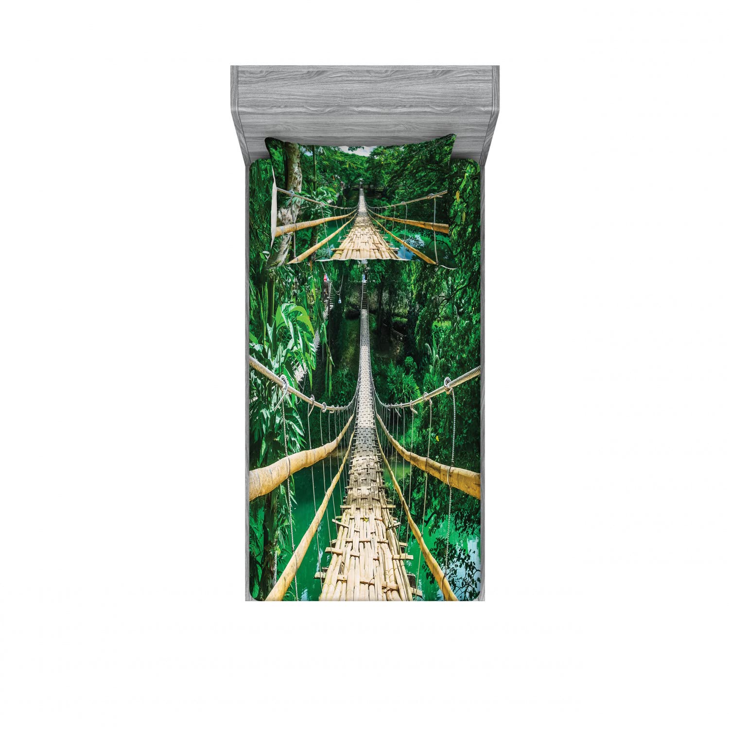 Ambesonne 2-Piece Tropical River Bridge Forest Twin Bedding Set - 2 Fitted Sheets & 2 Pillow Shams, Beige & Green Nature Theme for Bedroom Decor | Perfect for Guest Rooms, Vacation Homes & Tropical Themed Bedrooms