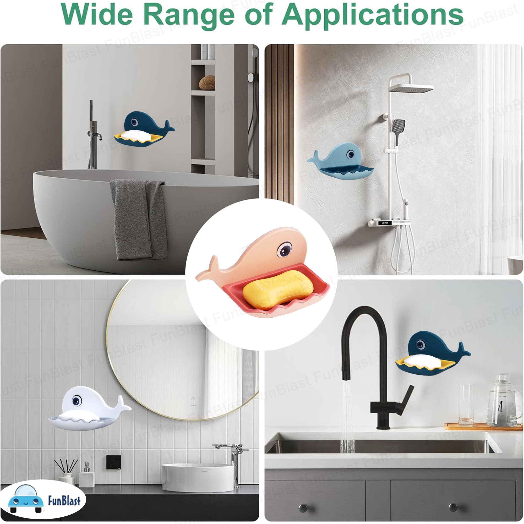 FunBlast Fish Design Soap Dish Holder - Wall Mounted Bathroom & Kitchen Soap Stand with Magic Stickers (2-Pack, Random Colors) | Perfect for Sink, Shower, and Countertop Organization