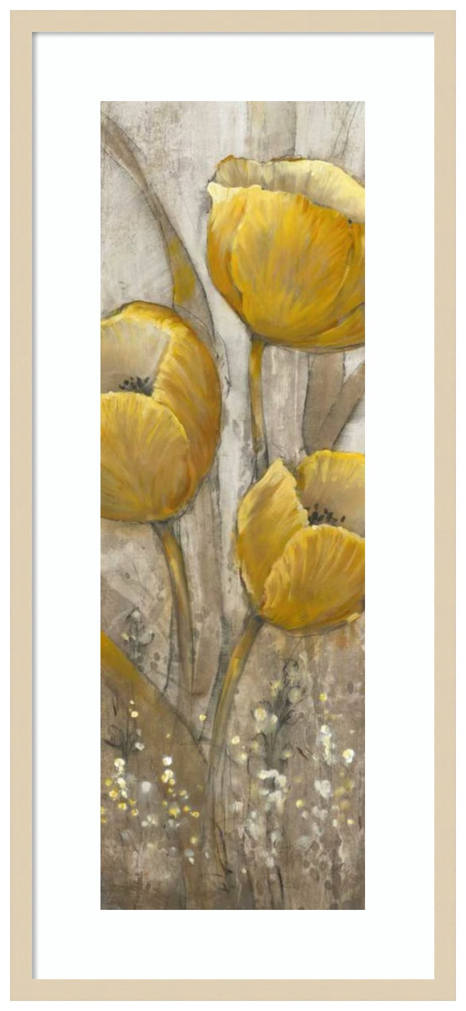 Tim O'Toole Ochre Tulips II Wood Framed Wall Art Print - 19x41 Inches Large Natural Frame for Living Room, Bedroom & Office Decor